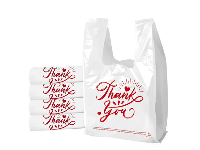 200 Pack White Smile Plastic Bag - 11.5'x6.5'x21' T-Shirt Grocery Bags with Handles, Cheerful Alternative to Thank You Bags, Bulk for Retail,...