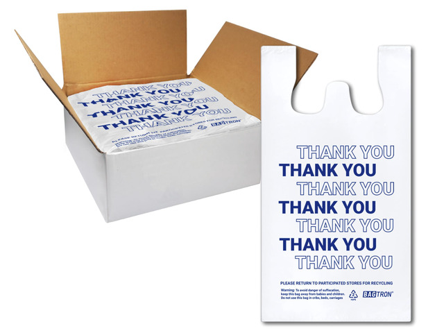 Thank You T-Shirt Carry-Out Bags, Disposable Plastic Bags with Handles for Shopping and Restaurant, 1/5 Barrel, 0.75 Mils, White/Blue, 13' x 8' x...