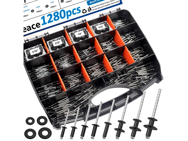 1280Pcs Stainless Steel Black Rivets with Pop Rivets with Washer 1/8Inch 5/32Inch 3/16Inch for Metal,Furniture,Automotive,Instrument