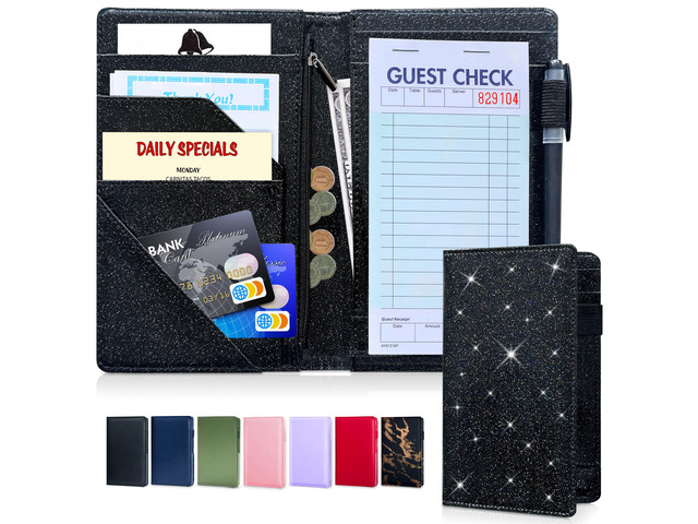 Server Book, 7 Pocket Zipper Organizer, Fits Apron, Glitter Black Reinforced PU Leather, Rigid Writing Surface, Spill-Resistant, Easy Clean, Fits...