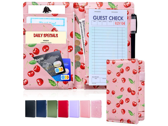 5x8 Server Book, 7 Pocket Zipper Organizer, Fits Apron, Pink Cherry Reinforced PU Leather, Rigid Writing Surface, Spill-Resistant, Easy Clean, Fits...