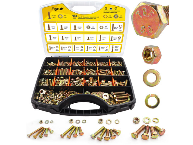 940PCS M4 M5 M6 M8 Metric Hex Bolts Assortment Kit,Lenght 12mm-30mm M4-0.7, M5-0.8, M6-1.0, M8-1.25 Hex Bolts Nuts Washers Assorted Kit for...