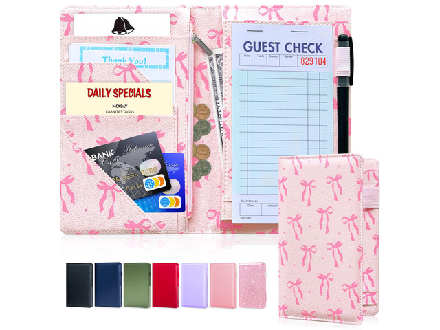 5x8 Server Book, 7 Pocket Zipper Organizer, Fits Apron, Pink Bow Reinforced PU Leather, Rigid Writing Surface, Spill-Resistant, Easy Clean, Fits...