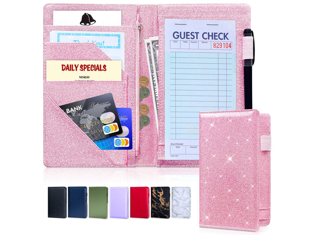 5x8 Server Book, 7 Pocket Zipper Organizer, Fits Apron, Glitter Pink Reinforced PU Leather, Rigid Writing Surface, Spill-Resistant, Easy Clean,...