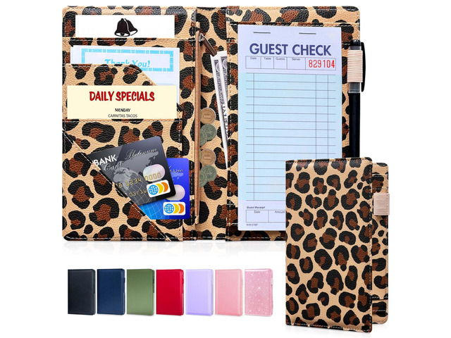 5x8 Server Book, 7 Pocket Zipper Organizer, Fits Apron, Leopard Reinforced PU Leather, Rigid Writing Surface, Spill-Resistant, Easy Clean, Fits...