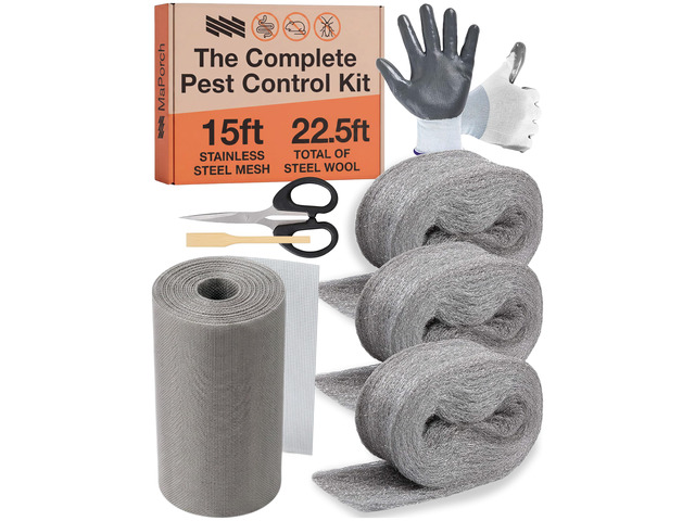 Complete Steel Wool and Stainless Steel Mice Control Kit, 22.5ft Steel Wool Hole Filler - 15ft Stainless Steel Excluder Mesh - Gloves, Scissors &...