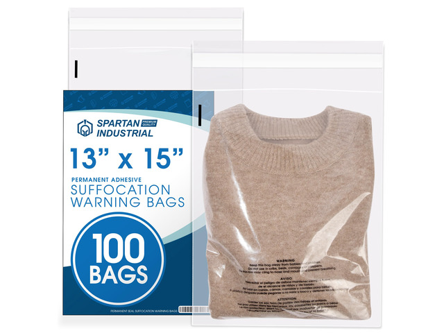 13 X 15 (100 Count) Self Seal Clear Poly Bags with Suffocation Warning for Packaging, T Shirts & Shipping- Permanent Adhesive