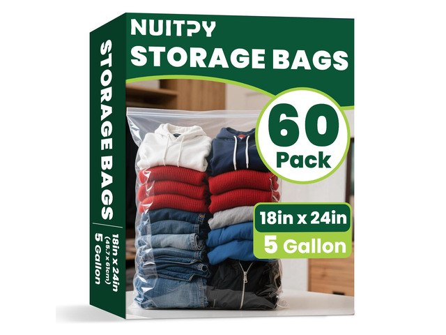 60 Pack Large 5 Gallon Storage Bags with Zipper Top, 18 x 24in Zipper Bags Clear Plastic Bag for Storage, Reusable, Sealable Storage Bag for...