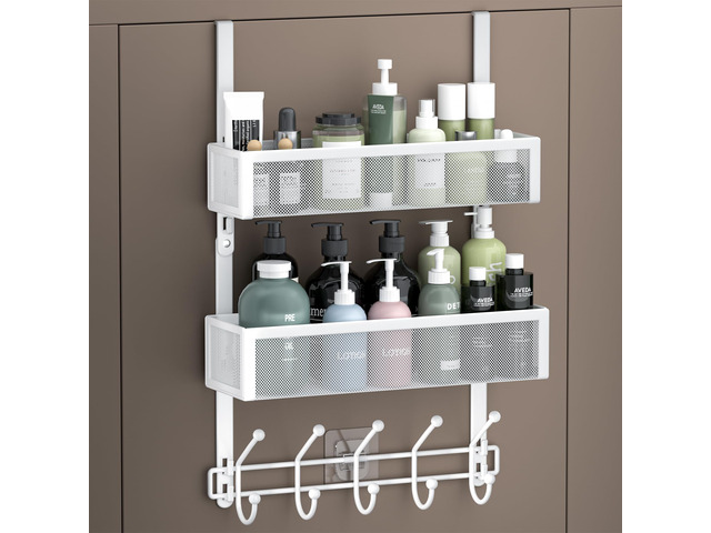 Over The Door Hooks Organizer with 2 Mesh Baskets and 10 Hooks Adjustable, Space Saving Door Hanger Coat Rack,Back of Door Storage Organizer for...