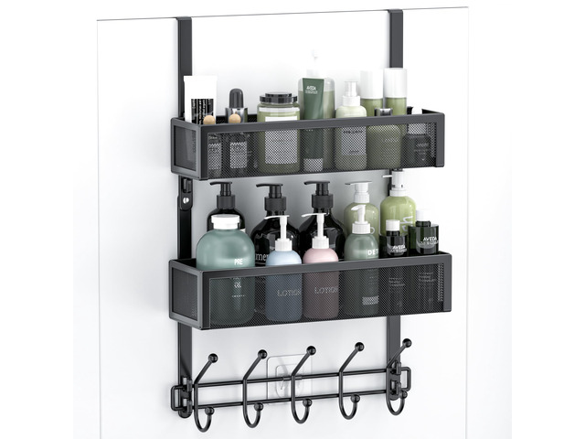 Adjustable Over The Door Hooks Organizer, Door Hanger Coat Rack with 2 Mesh Baskets and 10 Hooks, Back of Door Storage Organizer for...
