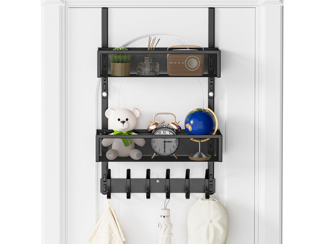 Over the Door Hooks,Door Hanger Organizer Fits Doors 1 3/4' Black 12 Coat Hooks and 2 Mesh Basket,Space-Saving,Back Storage Organizer,Over The Door...