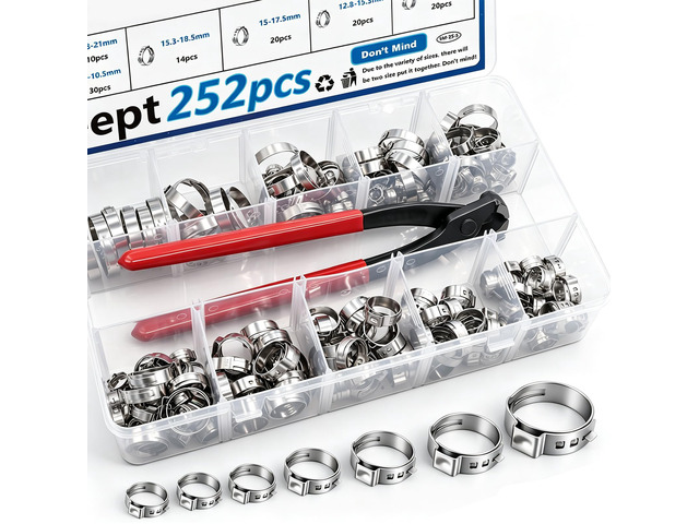 252Pcs 14-Sizes 304 Stainless Steel Single Ear Hose Clamps with Ear clamp plier 5.3-33.1mm Crimp Hose Clamps Assortment Kit for Auto/Home...