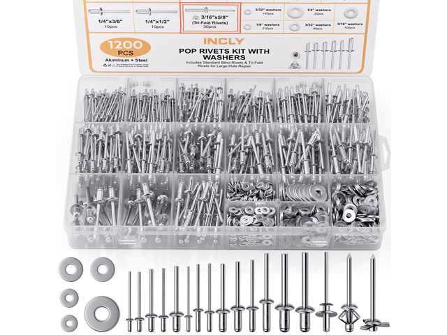 1200PCS Pop Rivets & Trifold Rivets Assortment Kit with Washers 14 Sizes Aluminum Rivets, 3/32', 1/8', 5/32', 3/16', 1/4', and 3/16'' x 5/8'...