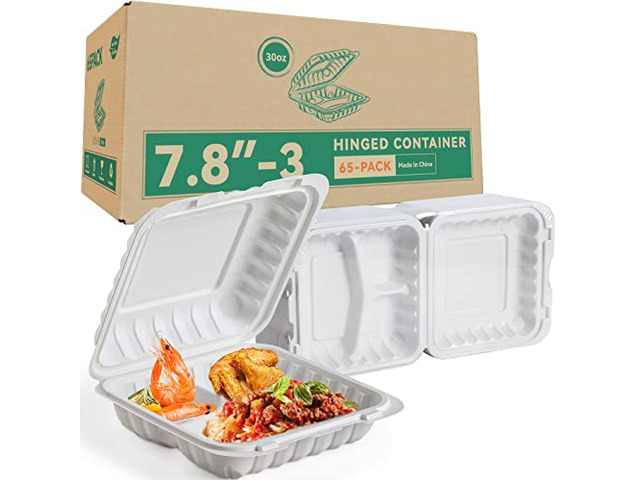 65 Pack 30oz 7.8 Inch To Go Containers - Shrink Wrapped No Pre-Wash 3 Compartment Reusable & Sturdy Microwave, Dishwasher and Freezer Safe Meal...