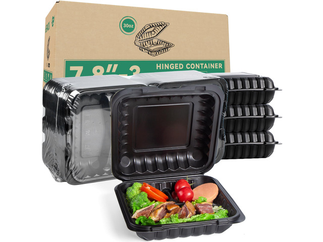 65-Pack 30oz 7.8 Inch Black Bento Box - Shrink Wrapped No Pre-Wash 3-Compartment Reusable & Sturdy Microwave and Freezer Safe Takeout Containers...