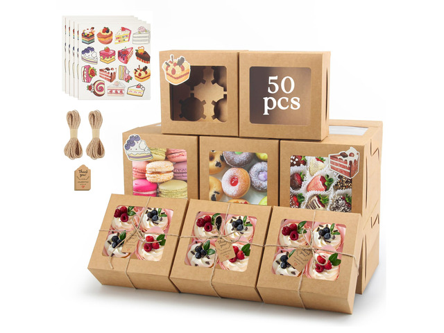 Cupcake Boxes, 6x6x3 Inches Cookie Boxes,50 Pack,Brown Bakery Treat Boxes for Pastry, Desserts, Chocolate Strawberries, Cupcake Containerss for...