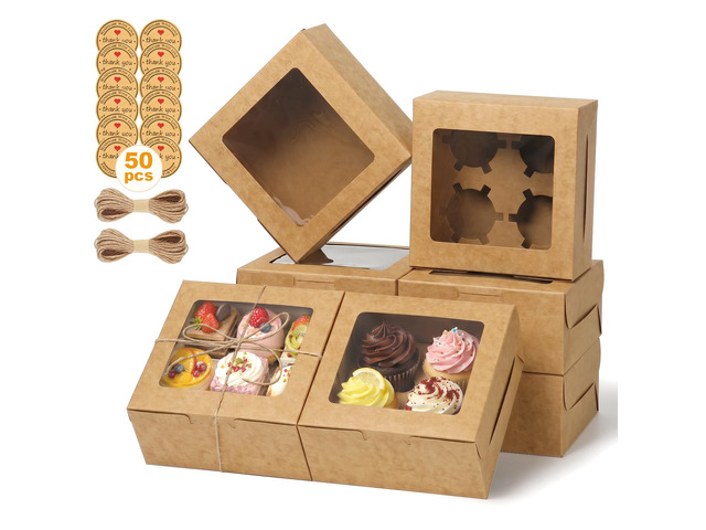 6x6x3Inch Cupcake Boxes with Window,50 Pcs Cookie Bakery Boxes,Brown Muffin,Treat Boxes for Pastry, Desserts, Chocolate Strawberries, Cupcake...