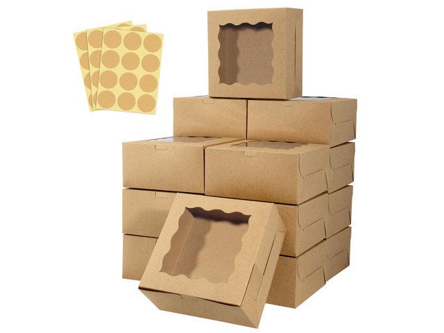 60 pcs Bakery Boxes with Window, 6 x 6 x 3 inches, Kraft Cookie Boxes Pastry Boxes for Baked Goods (Brown)