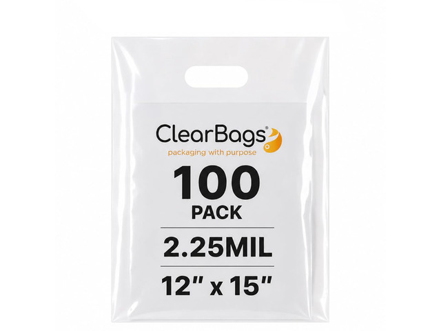 12'x15' Clear Plastic Bags With Handles - 2.25 Mil Extra Thick - 100 Pack Transparent Bag with Grip for Gifts, Shopping, & Merchandise - Durable...