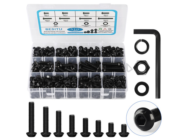 M6 Bolt Assortment Kit, 510Pcs M6 x 10/12/14/16/20/25/30/35mm Button Head Hex Socket Cap Screws Bolts Nuts Washer Assortment Kit 12.9 Grade Alloy...