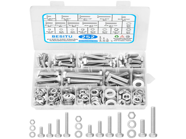 252Pcs Hex Bolts and Nuts Assortment Kit, 1/4-20, 5/16-18, 3/8-16 Assorted Bolts Nuts and Washers Kit, 304 Stainless Steel Machine Screw Sets with...