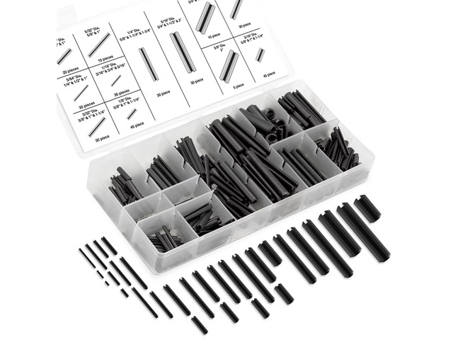 50412A Roll Pin Assortment Set with Storage Case 315 Pieces SAE Slotted Spring Steel Black Dowel Tension Roll Pin