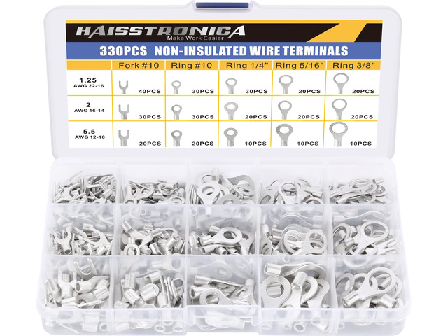 330PCS Non-Insulated Ring and Fork Terminals, 22-10 AWG Battery and Stud Connections, Thick Tinned Copper Terminals, Battery and Ground Wiring,...