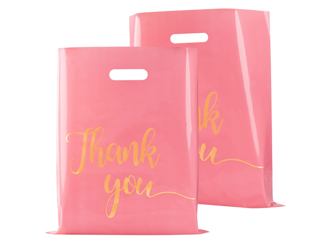 100 Pack Pink Thank You Shopping Bags for Small Business 15x18 Extra Thick 2.36 Mil, Plastic Thank you bags with Handle, For Retail, Boutique,...