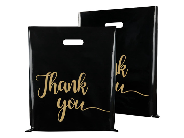 100 Pack Black Thank You Shopping Bags for Small Business 15x18 Extra Thick 2.36 Mil, Plastic Thank you bags with Handle, For Retail, Boutique,...