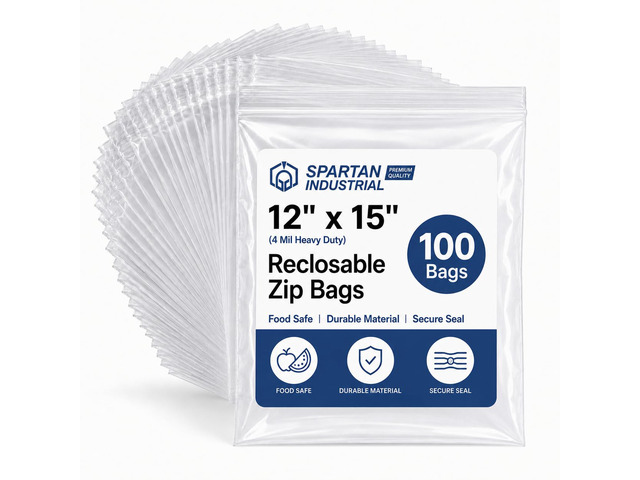 12 X 15 (100 Count) 4 Mil Thick Clear Reclosable Zip Plastic Poly Bags with Resealable Lock Seal Zipper - Heavy Duty and Durable