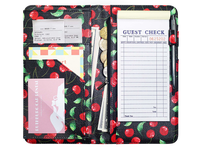 4.7 X 9 Cherry Server Book with Zipper Pocket Bling Waitress Book with Money Pocket and Magnetic Closure, Restaurant Waitstaff Organizer Fit Server...