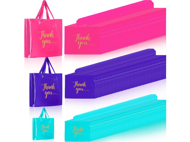 200 Pcs Thank You Shopping Bags with Handle,Pink, Purple, Blue Plastic Retail Packets for Small Business, Boutique Shops, 3 Sizes 9x12 12x15 15x18...