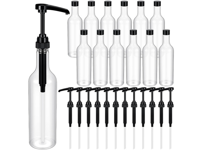 12 Pcs 25 oz Plastic Syrup Bottles with Pump Syrup Dispenser, Black Clear Dispenser Bottle for Coffee Bar Accessories, Long Neck, Sauce Condiment,...