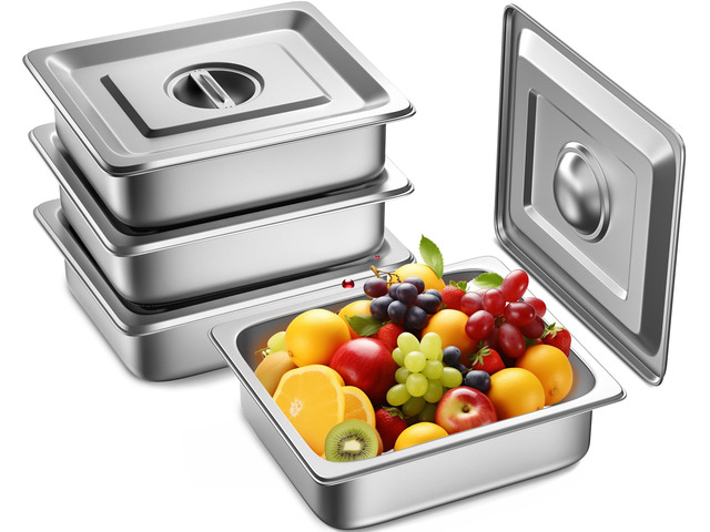 Hotel Pans with Lids, 4 Pack 1/2 Size 4' Deep Stainless Steel Steam Table Pan, 22 Gauge Anti Jam, Commercial Catering Food Pans, for Hotel Home...