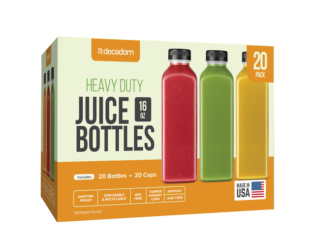 16 oz Juice Bottles with Caps, 20 Pack, Made in USA BPA-Free Plastic Bottles, Tamper-Evident Lids, Leak-Resistant, Shatterproof, Disposable &...