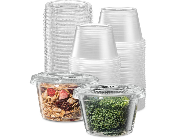 {4 oz - 100 Sets} Clear Diposable Plastic Portion Cups With Lids, Small Mini Containers For Portion Controll, Jello Shots, Meal Prep, Sauce Cups,...