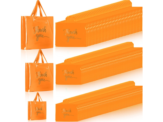 200 Pcs Thank You Shopping Bags with Handle,Orange Plastic Retail Packets for Small Business, Boutique Shops, 3 Sizes 9x12 12x15 15x18 in,...