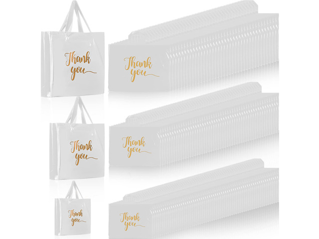 200 Pcs Thank You Shopping Bags with Handle,White Plastic Retail Packets for Small Business, Boutique Shops, 3 Sizes 9x12 12x15 15x18 in,...