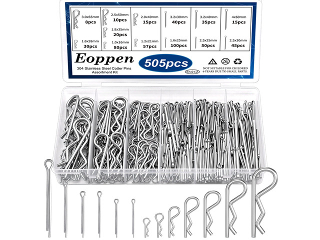 505Pcs Cotter Pin Assortment Kit - 304 Stainless Steel 13 Sizes Cotter Pins & R Clips Cotter Pin Set for Hitch Pin Lock Systems