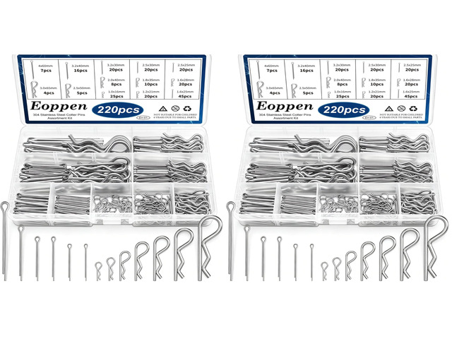 220Pcs Cotter Pin Assortment Kit 304 Stainless Steel 13 Sizes Cotter Pins & R Clips Cotter Pin Set for Hitch Pin Lock Systems (Pack of 2)