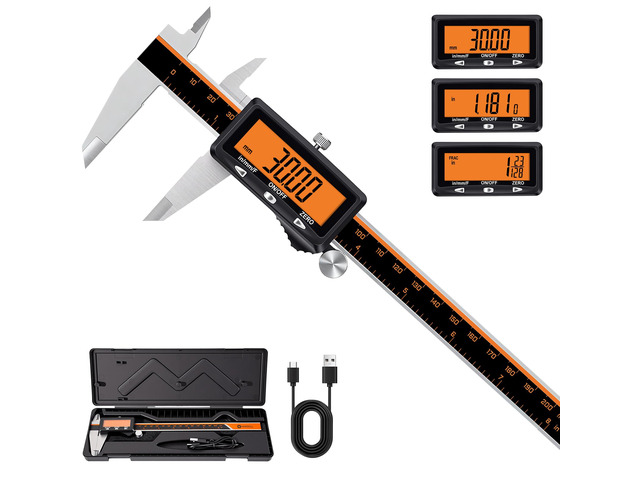 Digital Caliper 8' USB-C Charging Orange Display, Non-Backlit High-Contrast Screen, Stainless Caliper, USB-C Rechargeable, Inch/mm/Fraction,...