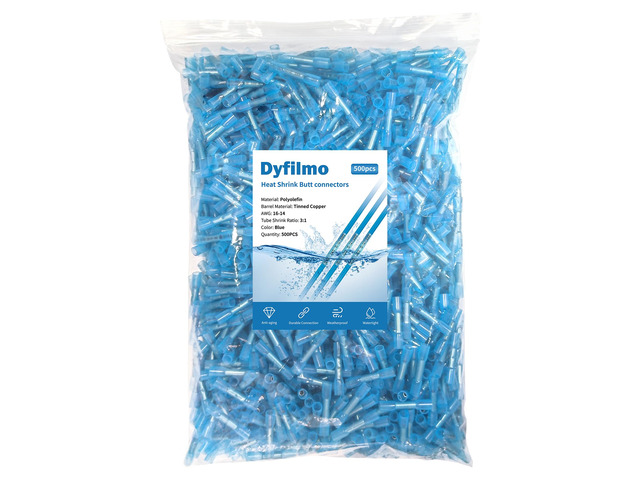 Heat Shrink Butt Connectors - 500Pcs 16-14 AWG Blue Waterproof Electrical Wire Connectors Automotive Marine Grade Wire Crimp Terminals Butt Splices...