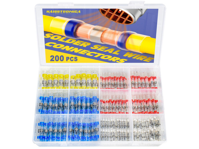 200PCS Solder Seal Wire Connectors Kit, 4 Colors/4 Sizes 26-10 AWG, Wire Gauge Markings, Clear Sleeves, Hot-Melt Adhesive Rings, Compartment...