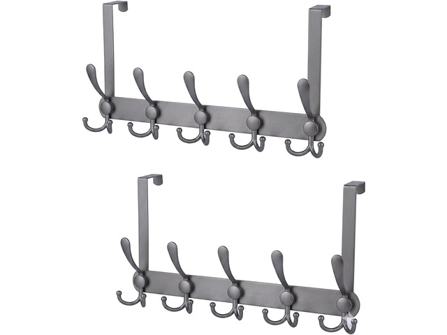 Over The Door Hooks (2-Pack), Heavy Duty Door Hanger with 5 Tri-Hooks for Hanging Clothes, Coats, Towels, Matte Gray OTD Storage Rack, Fits...