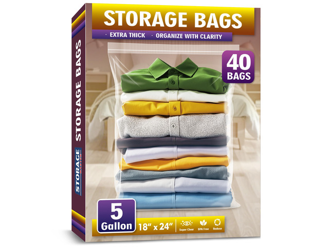 Extra Large 5 Gallon Zippered Plastic Bags for - 18'' x 24'', Ideal for Clothes Clothing, Travel, Moving, 2-mil Thick Clear Plastic, 40 pack