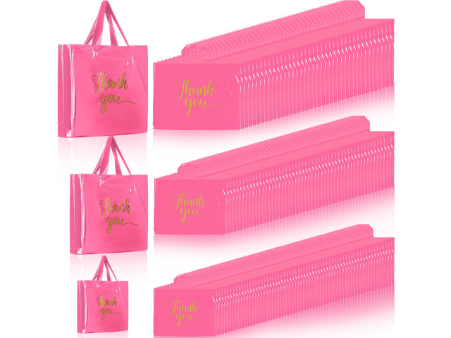 200 Pcs Thank You Shopping Bags with Handle,Pink Plastic Retail Packets for Small Business, Boutique Shops, 3 Sizes 9x12 12x15 15x18 in,...