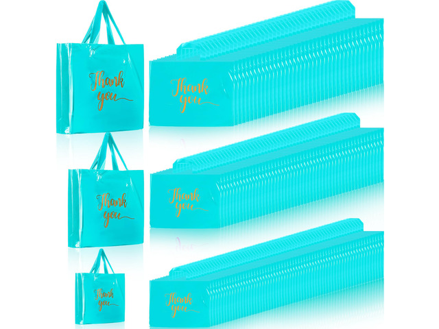 200 Pcs Thank You Shopping Bags with Handle,Sky Blue Plastic Retail Packets for Small Business, Boutique Shops, 3 Sizes 9x12 12x15 15x18 in,...