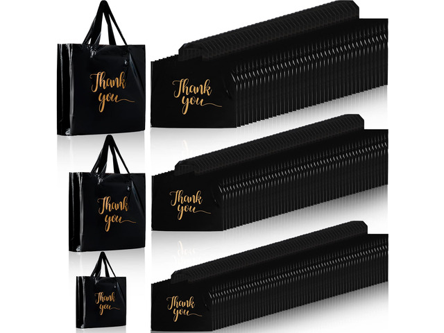 200 Pcs Thank You Shopping Bags with Handle,Black Plastic Retail Packets for Small Business, Boutique Shops, 3 Sizes 9x12 12x15 15x18 in,...