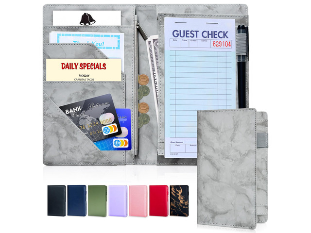 5x8 Server Book, 7 Pocket Zipper Organizer, Fits Apron, Marble Grey Reinforced PU Leather, Rigid Writing Surface, Spill-Resistant, Easy Clean, Fits...