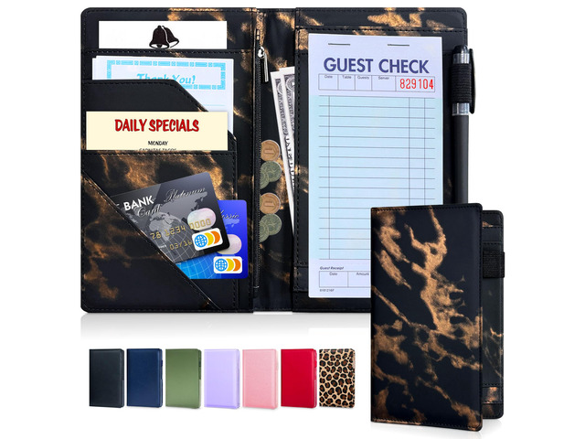 5x8 Server Book, 7 Pocket Zipper Organizer, Fits Apron, Marble Black Reinforced PU Leather, Rigid Writing Surface, Spill-Resistant, Easy Clean,...